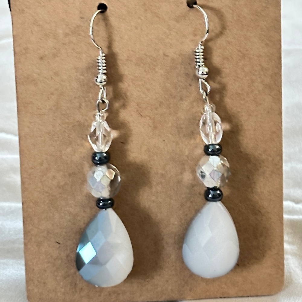 2/$15 Silver Tone Hook Earrings Blue/Gray Water drop 2 Clear 2 Steel Blue Beads